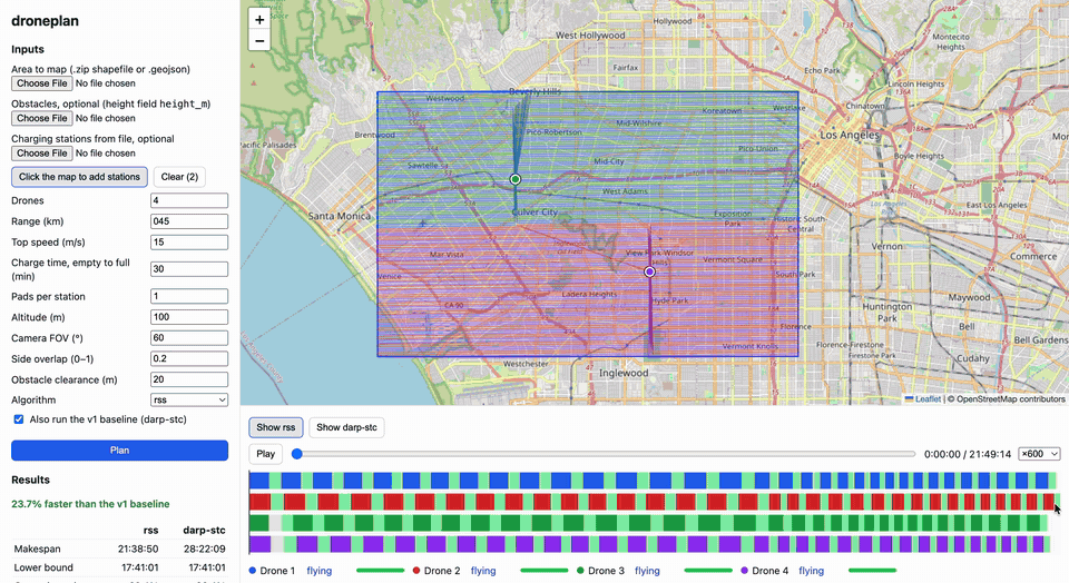 Animated replay of a four-drone coverage plan with flight lanes and a schedule chart